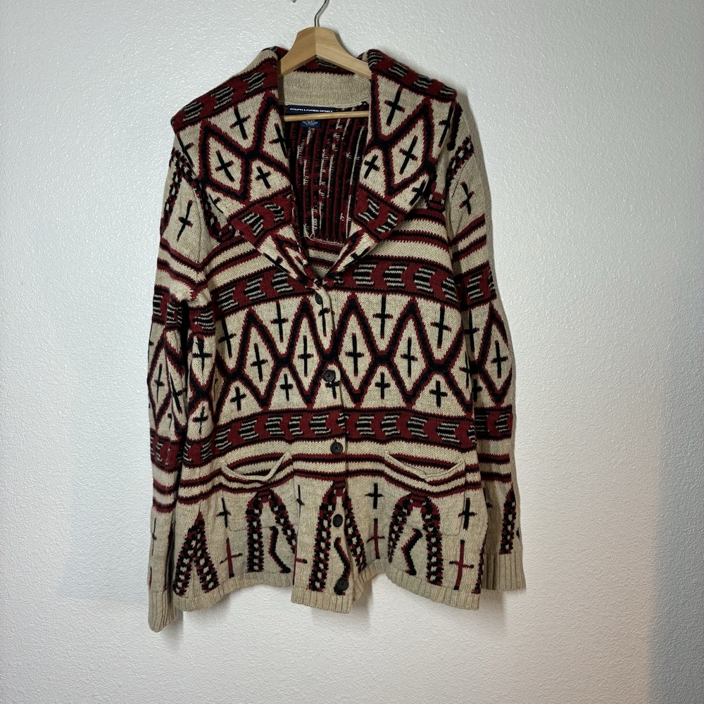 Ralph Lauren Sport Cardigan Sweater Womens L/XL Beige Tribal Knit Button Pockets